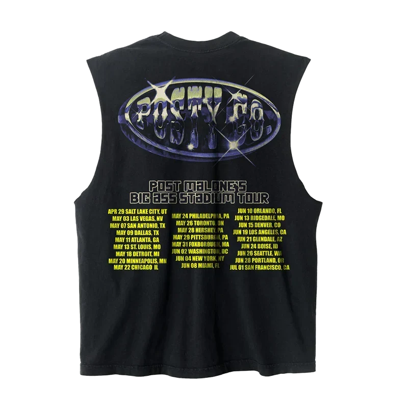 Back view of black Post Malone tank top with Posty Co graphic and Big Ass Stadium Tour city dates print