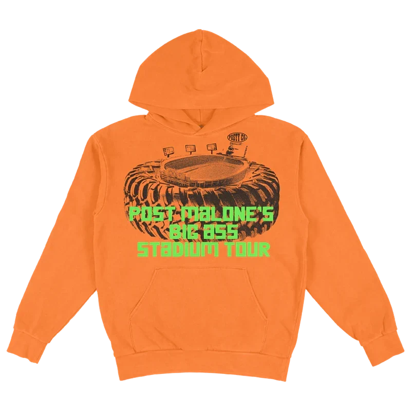 Front view of orange Post Malone Big Ass Stadium Tour hoodie featuring monster truck stadium graphic and neon green tour text design