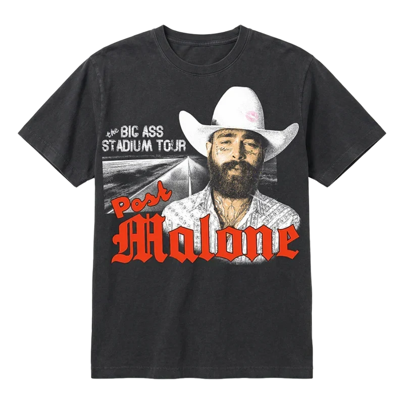 Black Post Malone tour merch tee with cowboy portrait graphic and Big Ass Stadium Tour streetwear design