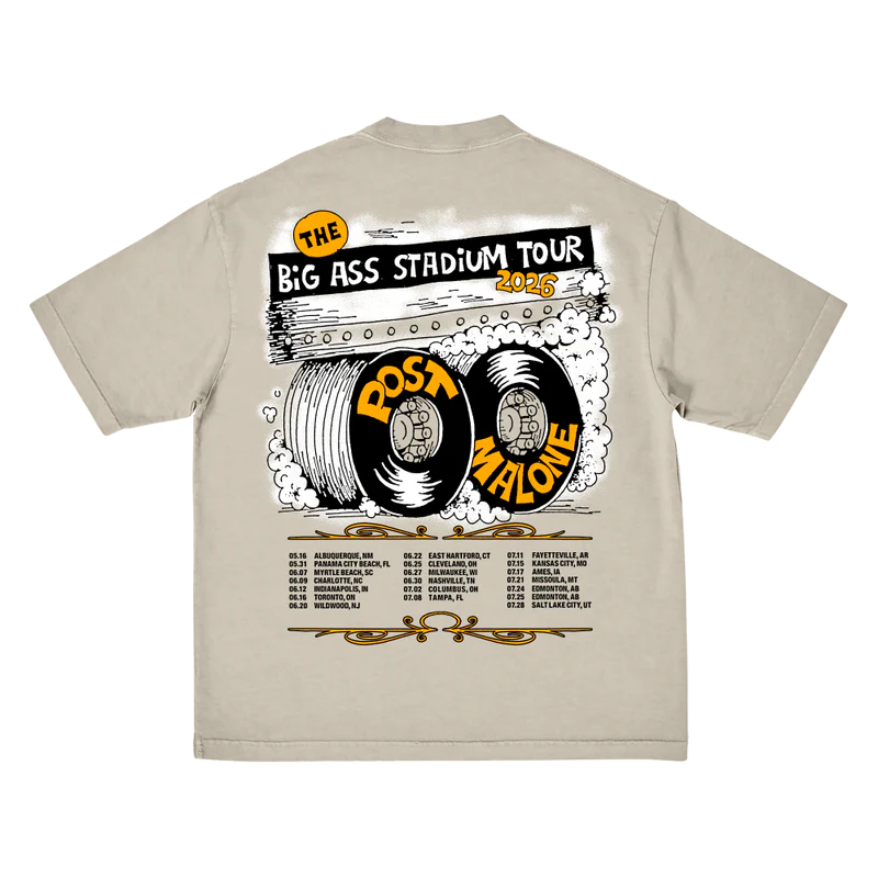 Back view of beige Post Malone tour merch tee with tire graphic artwork and Big Ass Stadium Tour 2026 dates