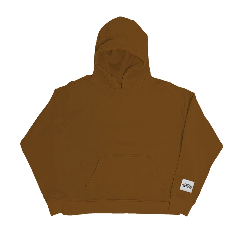 Brown Post Malone Austin hoodie with minimalist heavyweight streetwear design and subtle sleeve logo detail