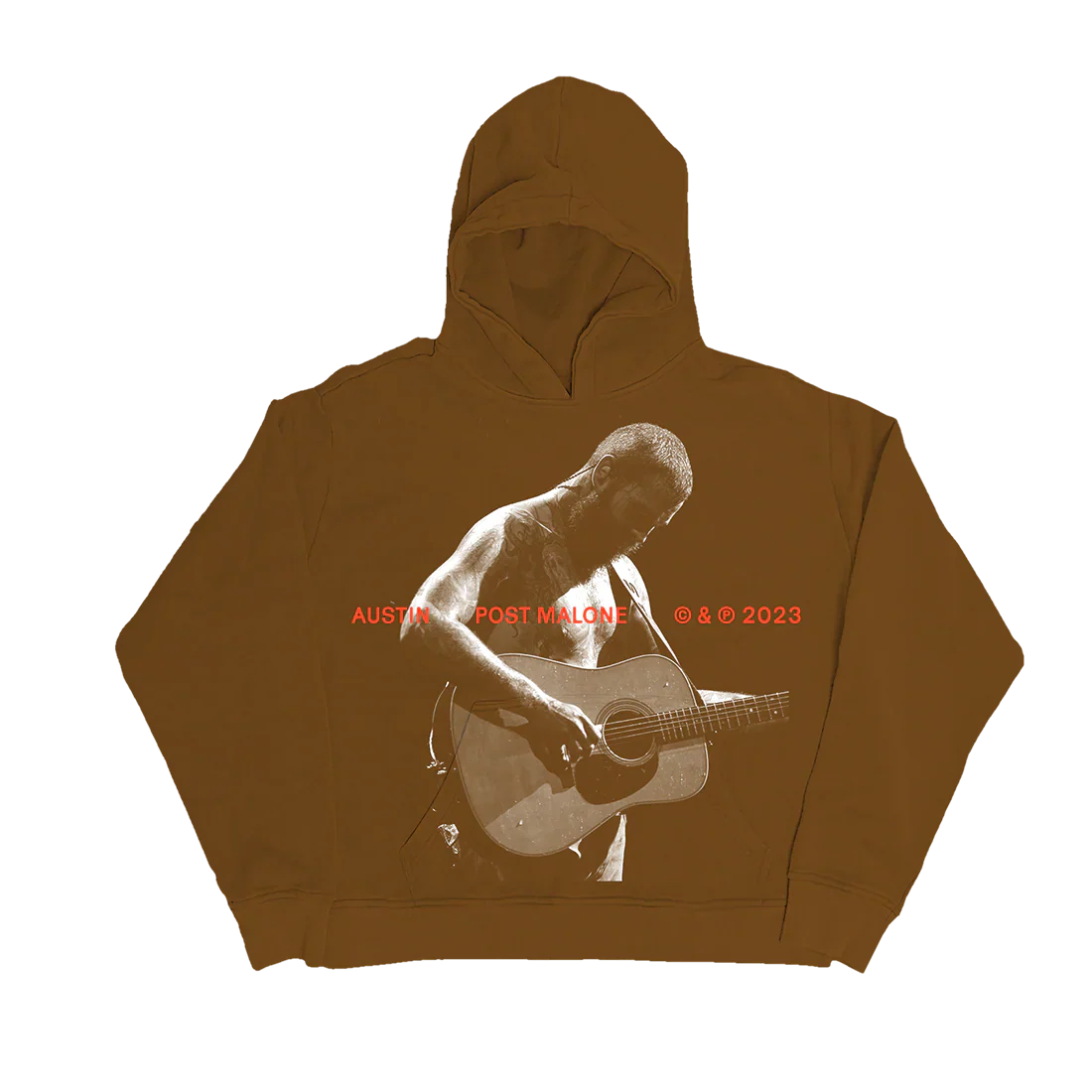 Front view of brown Post Malone Austin Guitar Streetwear Hoodie featuring acoustic guitar performance photo graphic and 2023 tour typography