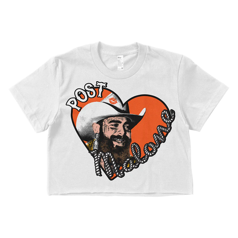 White Post Malone crop top featuring Big Ass Stadium Tour heart graphic with cowboy hat portrait and western-inspired typography