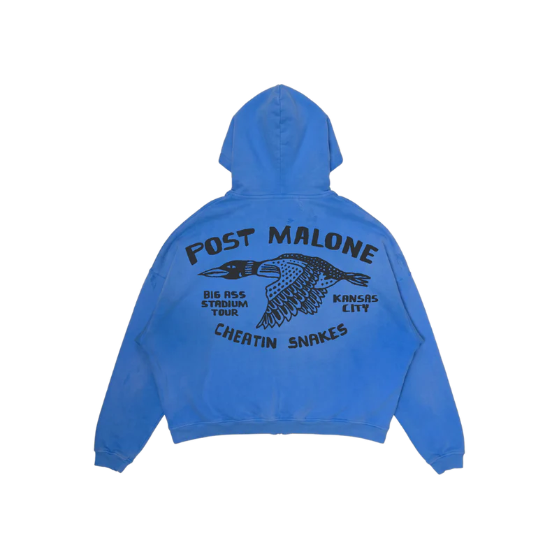 Back view of the blue Post Malone x Cheatin Snakes zip-up hoodie with a flying bird graphic and bold Kansas City tour lettering.