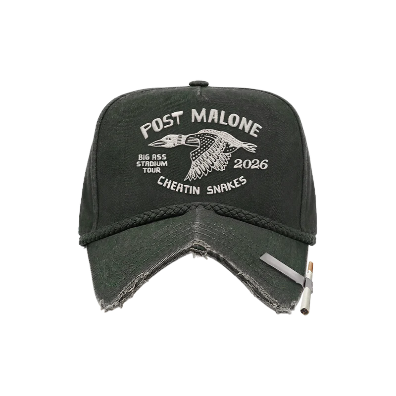 Front view of a distressed charcoal Post Malone x Cheatin Snakes hat with white 2026 tour embroidery and braided rope detail.