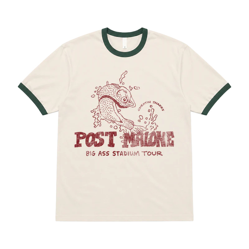 Front view of Post Malone x Cheatin Snakes ringer T-shirt with red fish graphic, green contrast trim, and tour lettering.