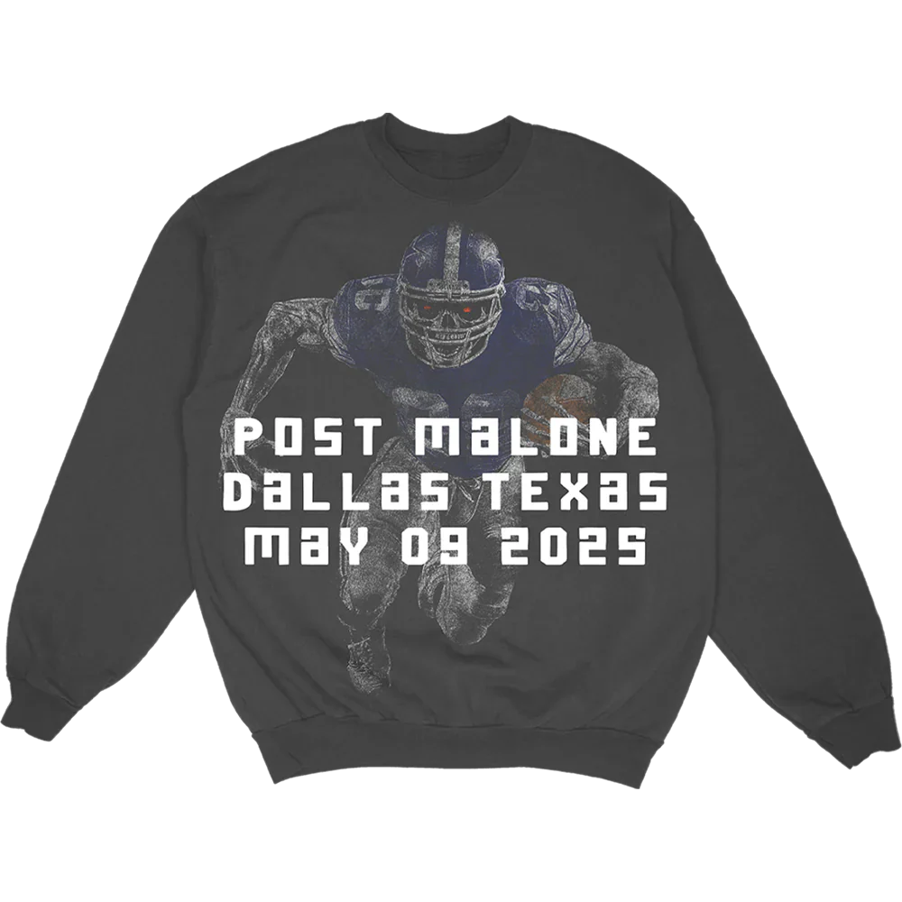 Black Post Malone crewneck sweatshirt with Dallas Cowboys football player graphic and May 09 2025 tour artwork
