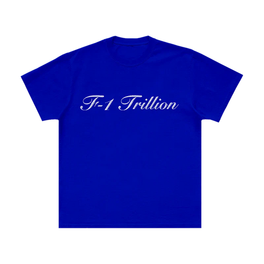 Front view of blue Post Malone F-1 Trillion tee with elegant cursive lettering and clean country-inspired streetwear style