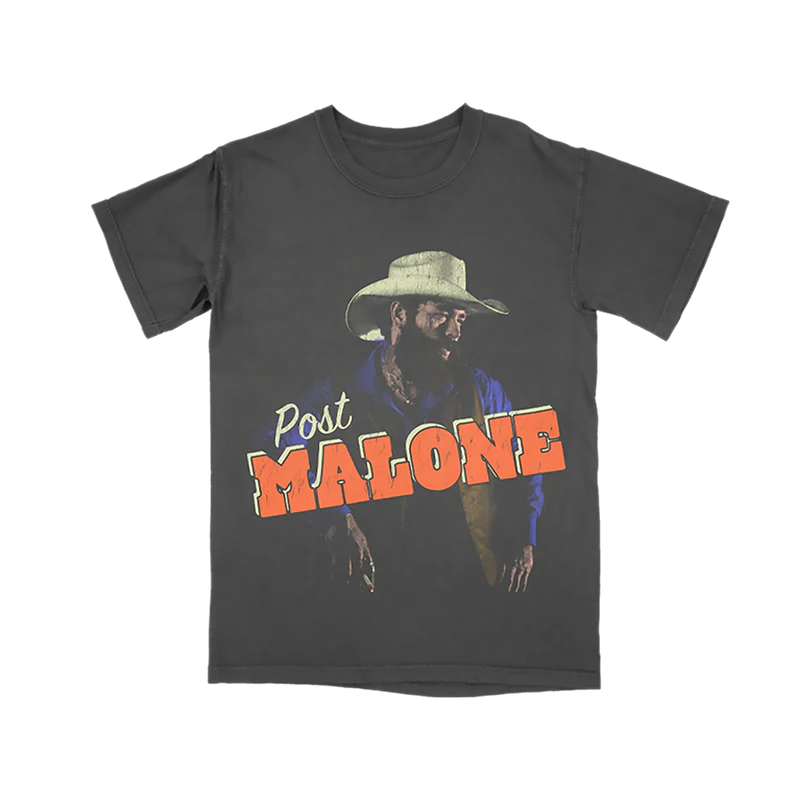 Vintage black Post Malone F-1 Trillion photo graphic tee with cowboy-inspired portrait artwork and western streetwear aesthetic