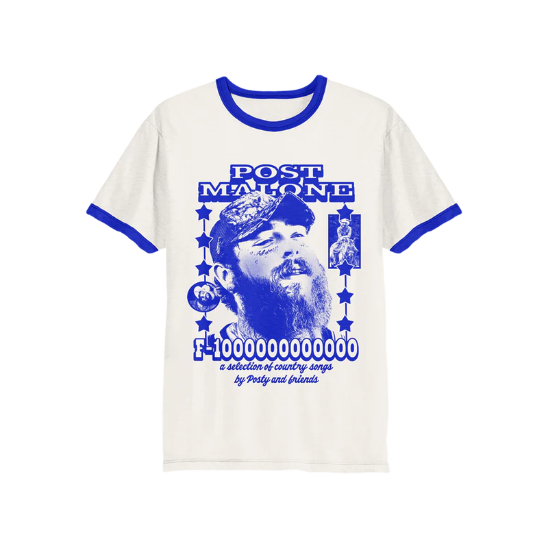 White and blue Post Malone F-1 Trillion ringer t-shirt with vintage country graphic and retro western-inspired tour artwork