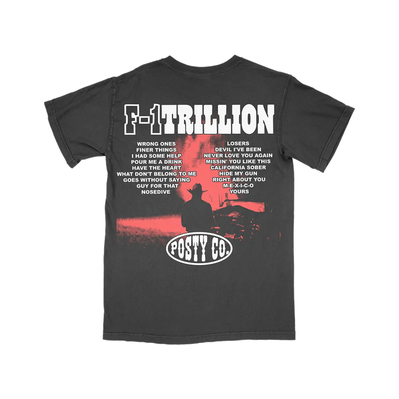 Back view of Post Malone F-1 Trillion tracklist t-shirt featuring album songs and Posty Co western graphic print