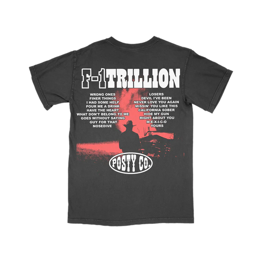 Back view of Post Malone F-1 Trillion tracklist t-shirt featuring album songs and Posty Co western graphic print