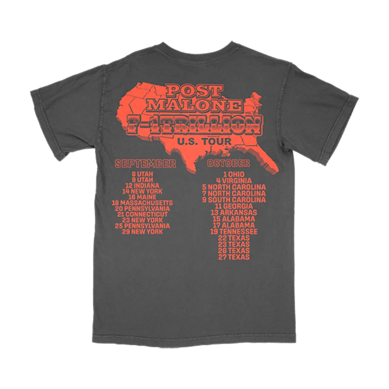 Back view of black Post Malone merch shirt with F-1 Trillion U.S. Tour dates and bold red western graphics