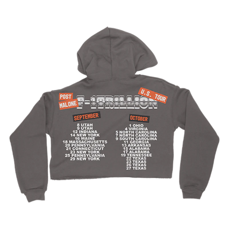Back view of grey Post Malone crop hoodie with F-1 Trillion tour dates and oversized western-inspired graphics