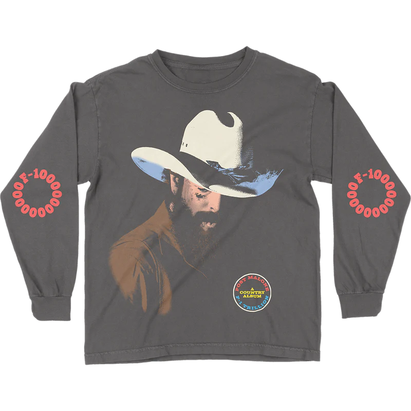 Grey Post Malone long sleeve shirt with cowboy portrait graphic and F-1 Trillion country album western artwork