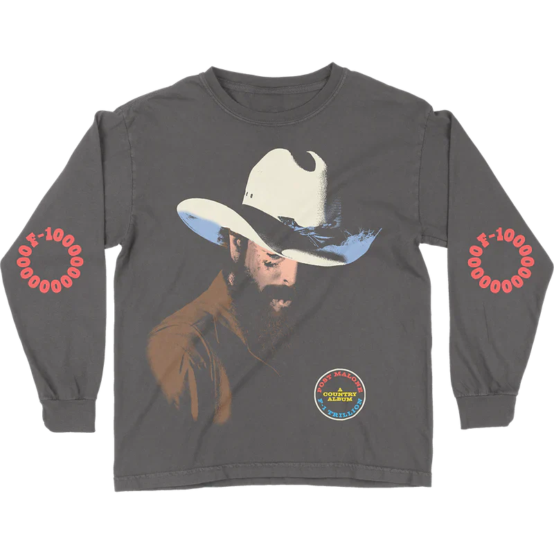 Grey Post Malone long sleeve shirt with cowboy portrait graphic and F-1 Trillion country album western artwork
