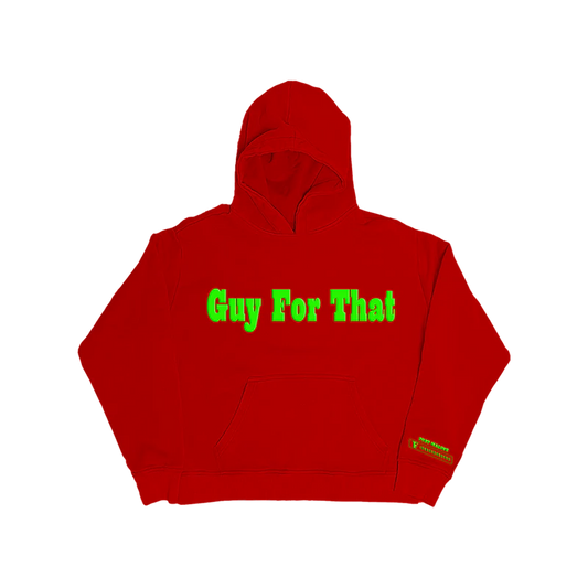 Front view of red Post Malone hoodie with bright green Guy For That graphic and oversized streetwear fit