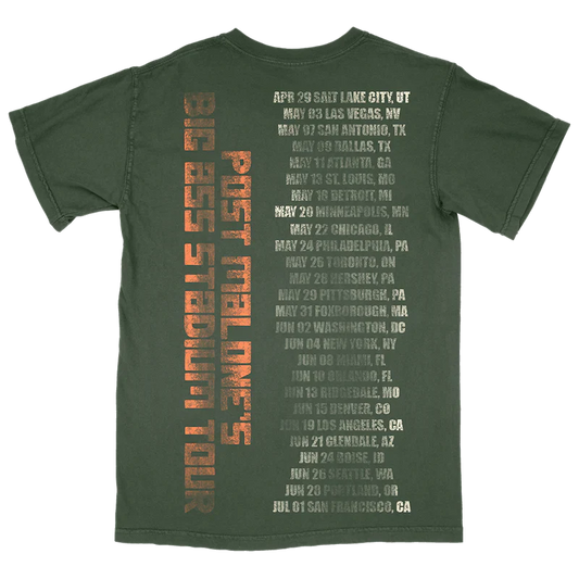 Green Post Malone merch t-shirt with Big Ass Stadium Tour dates and vertical Post Malone back graphic print.