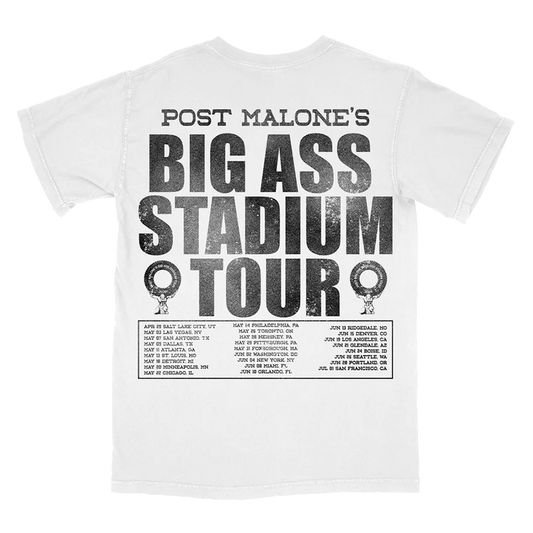 White Post Malone merch t-shirt with oversized Big Ass Stadium Tour typography and 2025 concert date back print.