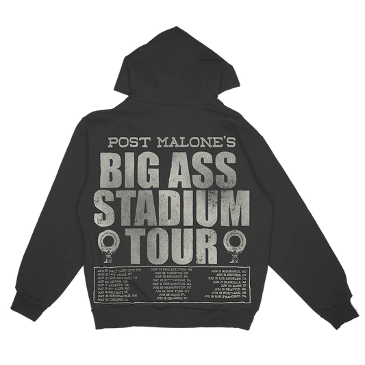 Black Post Malone merch zip hoodie with Big Ass Stadium Tour graphic and 2025 concert date back print.