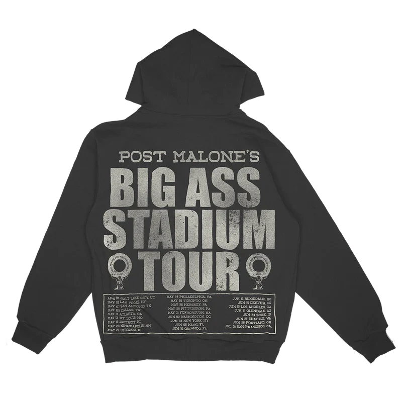 Black Post Malone merch zip hoodie with Big Ass Stadium Tour graphic and 2025 concert date back print.