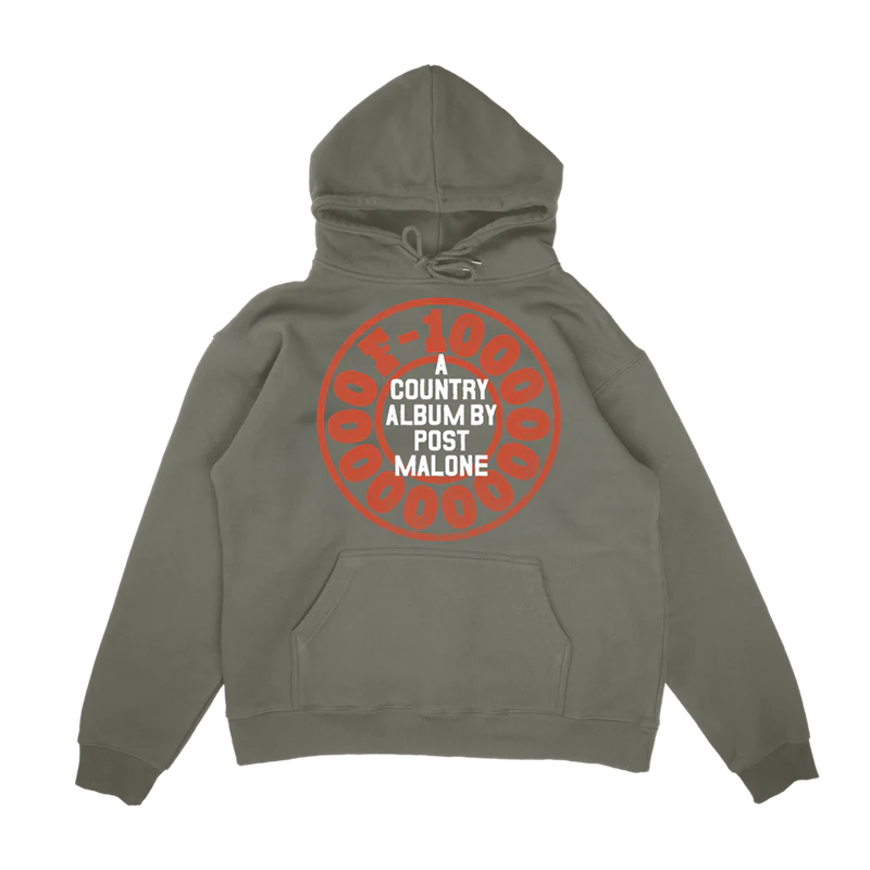 Olive Post Malone merch hoodie featuring F-1 Trillion country album graphic artwork and bold circular back print.