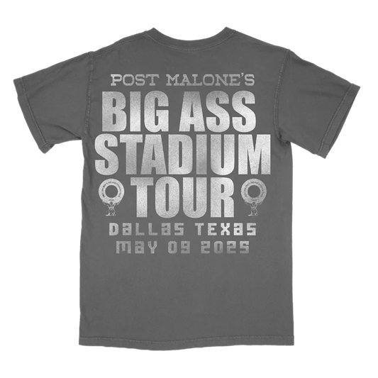 Charcoal Post Malone merch t-shirt with Big Ass Stadium Tour Dallas Texas back graphic and event typography print.