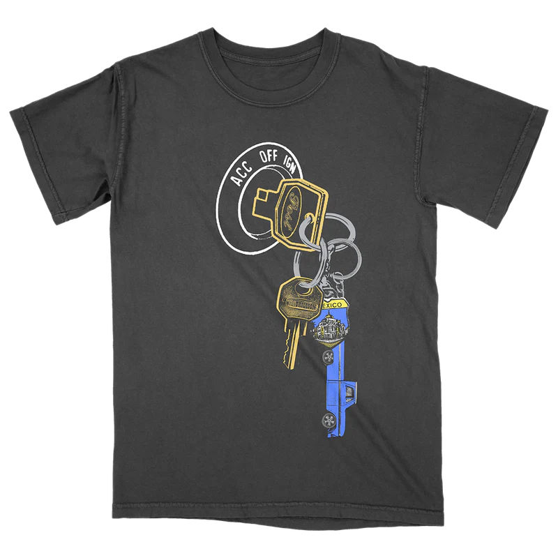 Black Post Malone merch t-shirt featuring vintage keychain graphic artwork and F-1 Trillion inspired streetwear design.