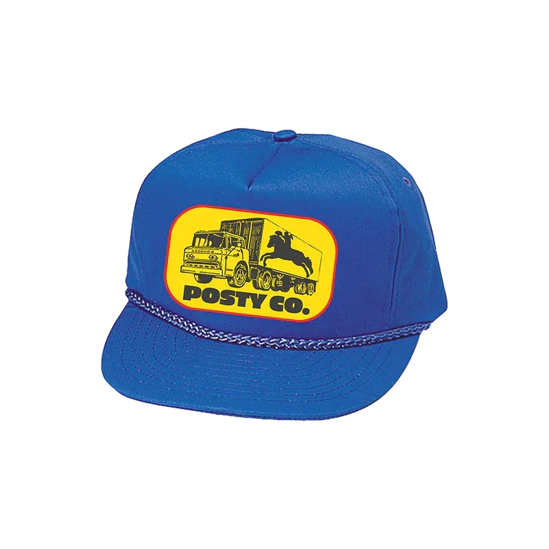 Blue Post Malone merch hat featuring Posty Co truck and horse graphic on front bold streetwear fan apparel