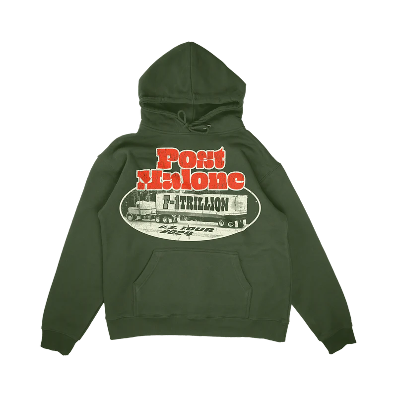 Green Post Malone merch hoodie featuring F1 Trillion tour truck graphic and bold logo on front streetwear fan apparel
