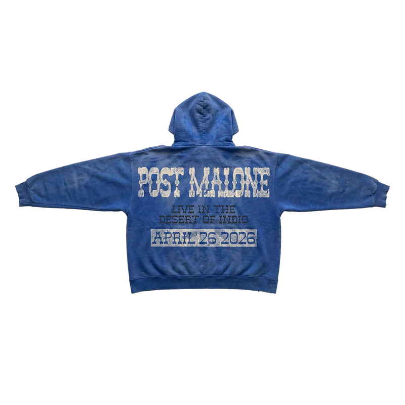 Blue Post Malone merch hoodie with Live in the Desert Indio April 26 2026 tour graphic on back streetwear fan apparel