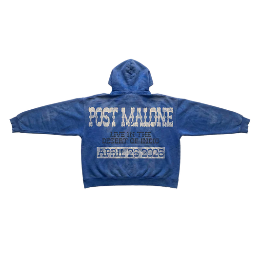 Blue Post Malone merch hoodie with Live in the Desert Indio April 26 2026 tour graphic on back streetwear fan apparel