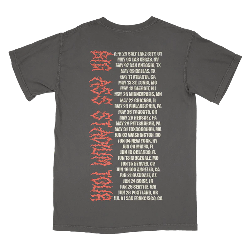 Charcoal Post Malone merch t-shirt with Big Ass Stadium Tour date list and distressed gothic back graphic print.