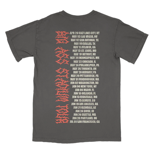 Charcoal Post Malone merch t-shirt with Big Ass Stadium Tour date list and distressed gothic back graphic print.