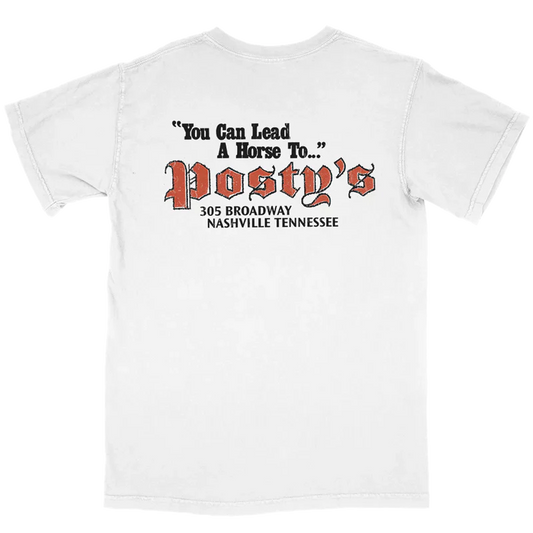 White Post Malone t shirt with You Can Lead A Horse To Posty’s Nashville Tennessee graphic on back