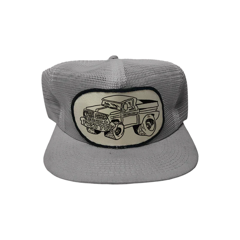 Grey Post Malone merch mesh trucker hat featuring Posty Co truck graphic patch on front breathable streetwear fan apparel