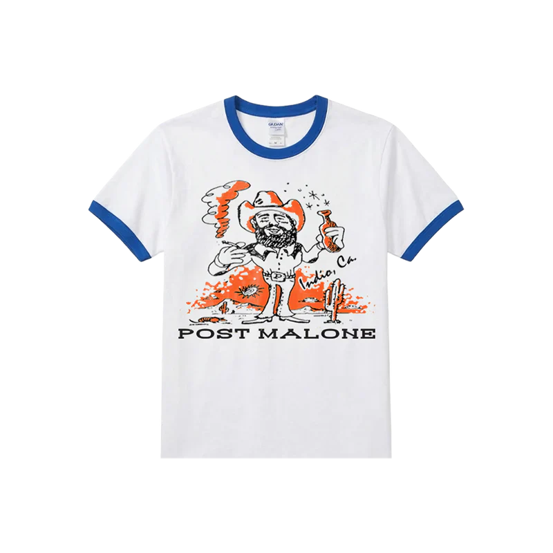 White Post Malone merch ringer t shirt with blue trim featuring cartoon cowboy graphic and Indio California design on front fan apparel