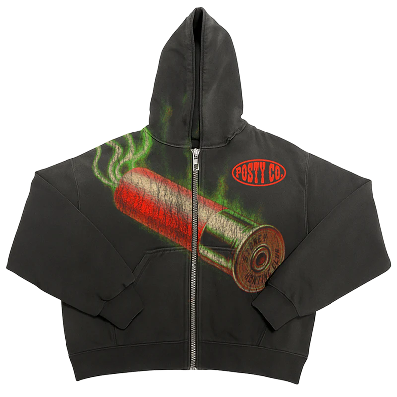 Black Post Malone zip up hoodie featuring smoking shotgun shell graphic and Stoney Hunting Club Posty Co logo design