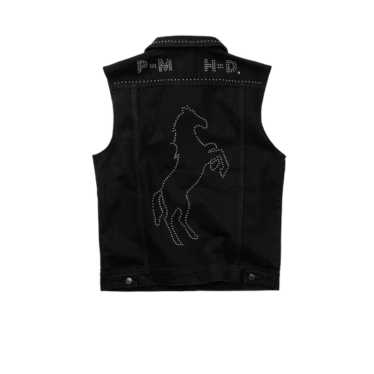 Black Post Malone merch denim vest with rhinestone horse graphic artwork and western inspired back design.