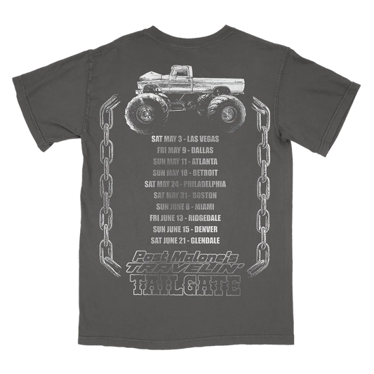 Charcoal Post Malone merch t-shirt with Tailgate tour dates and monster truck chain graphic back design.