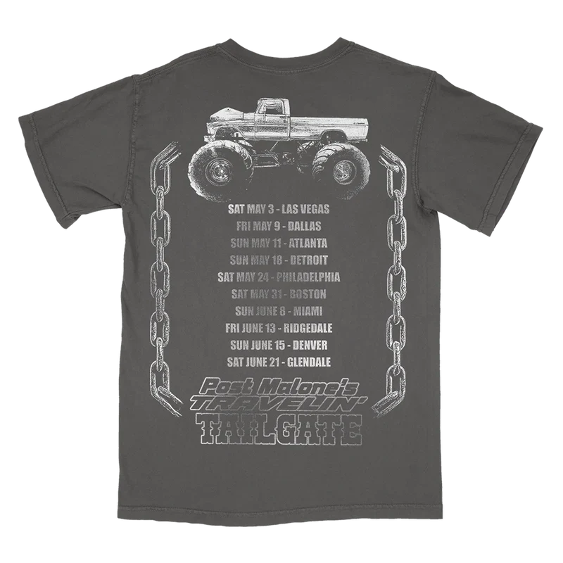 Charcoal Post Malone merch t-shirt with Tailgate tour dates and monster truck chain graphic back design.