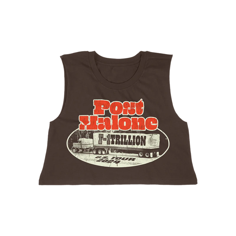 Brown Post Malone merch tank top featuring F1 Trillion weigh station truck graphic and bold logo on front streetwear fan apparel