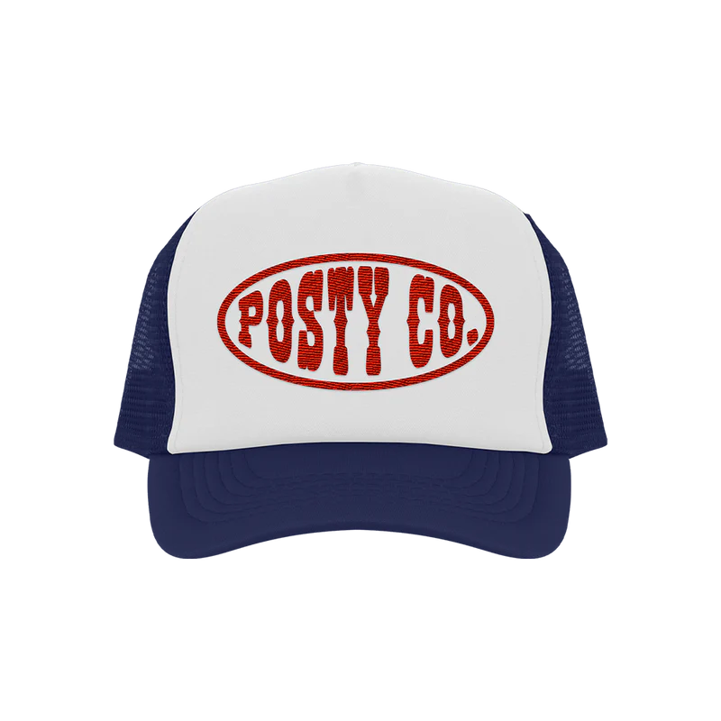 Navy and white Post Malone merch trucker hat with red Posty Co logo patch on front breathable mesh fan apparel