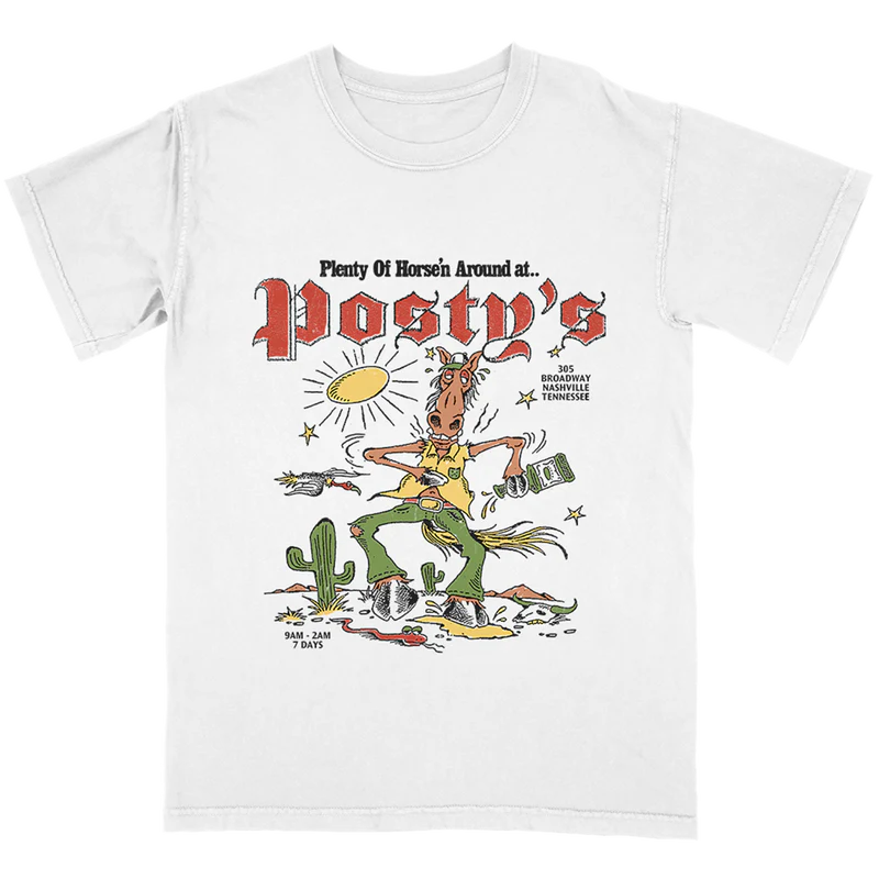 White Post Malone merch t shirt featuring Horsen Around Postys Nashville cartoon horse graphic on front streetwear fan apparel