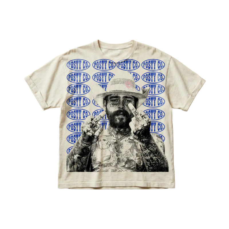 Beige Post Malone merch t shirt featuring Posty Co pattern and portrait graphic design on front streetwear fan apparel