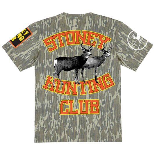 Camo Post Malone merch t shirt with Stoney Hunting Club text and deer graphic design on back outdoor streetwear fan apparel