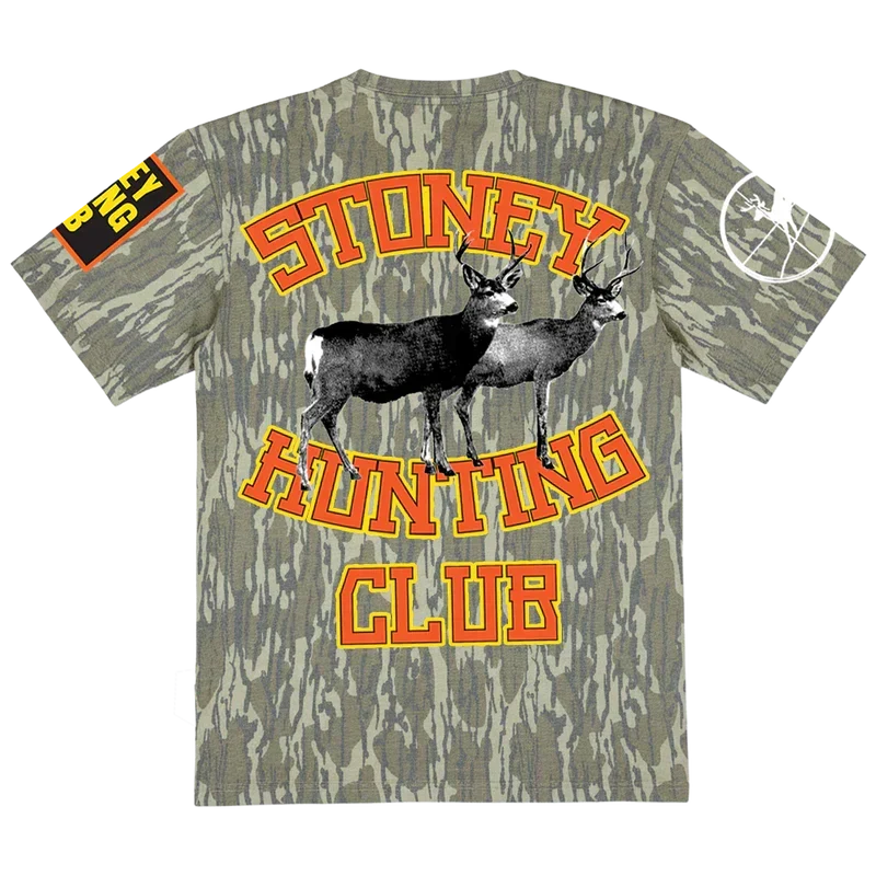 Camo Post Malone merch t shirt with Stoney Hunting Club text and deer graphic design on back outdoor streetwear fan apparel