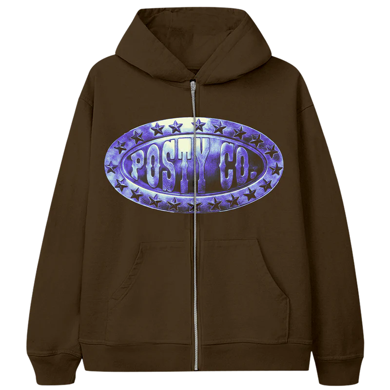 Brown Post Malone merch zip hoodie featuring metallic Posty Co logo graphic on front streetwear fan apparel
