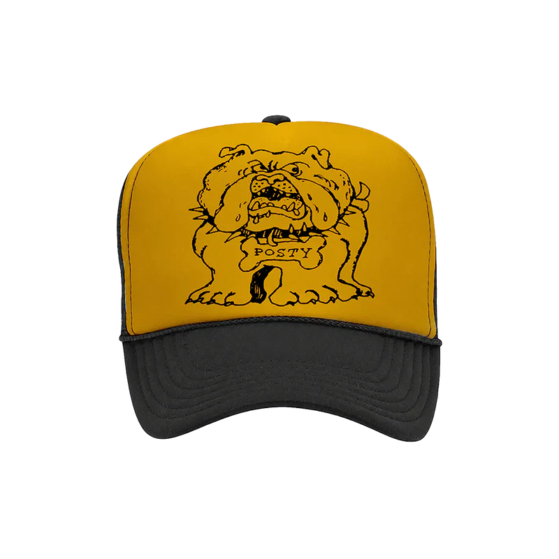 Yellow and black Post Malone trucker hat with bulldog graphic and vintage tour-inspired streetwear design