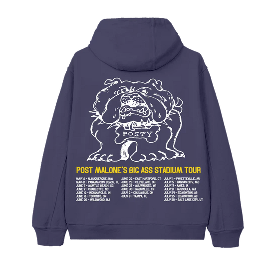 Back view of purple Post Malone merch hoodie with bulldog artwork and Big Ass Stadium Tour city dates print